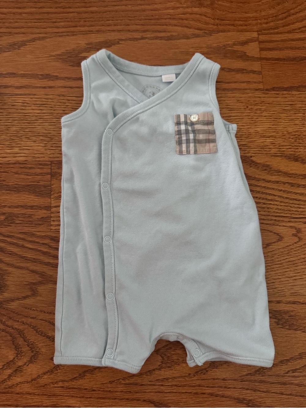 Burberry Light Blue Sleeveless Baby Romper with Plaid Pocket